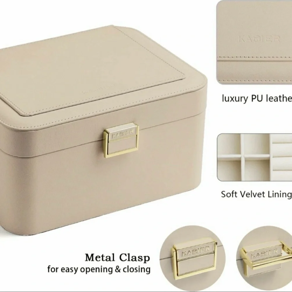 Kamier 2-Tier Beige Jewelry Box with Mirror